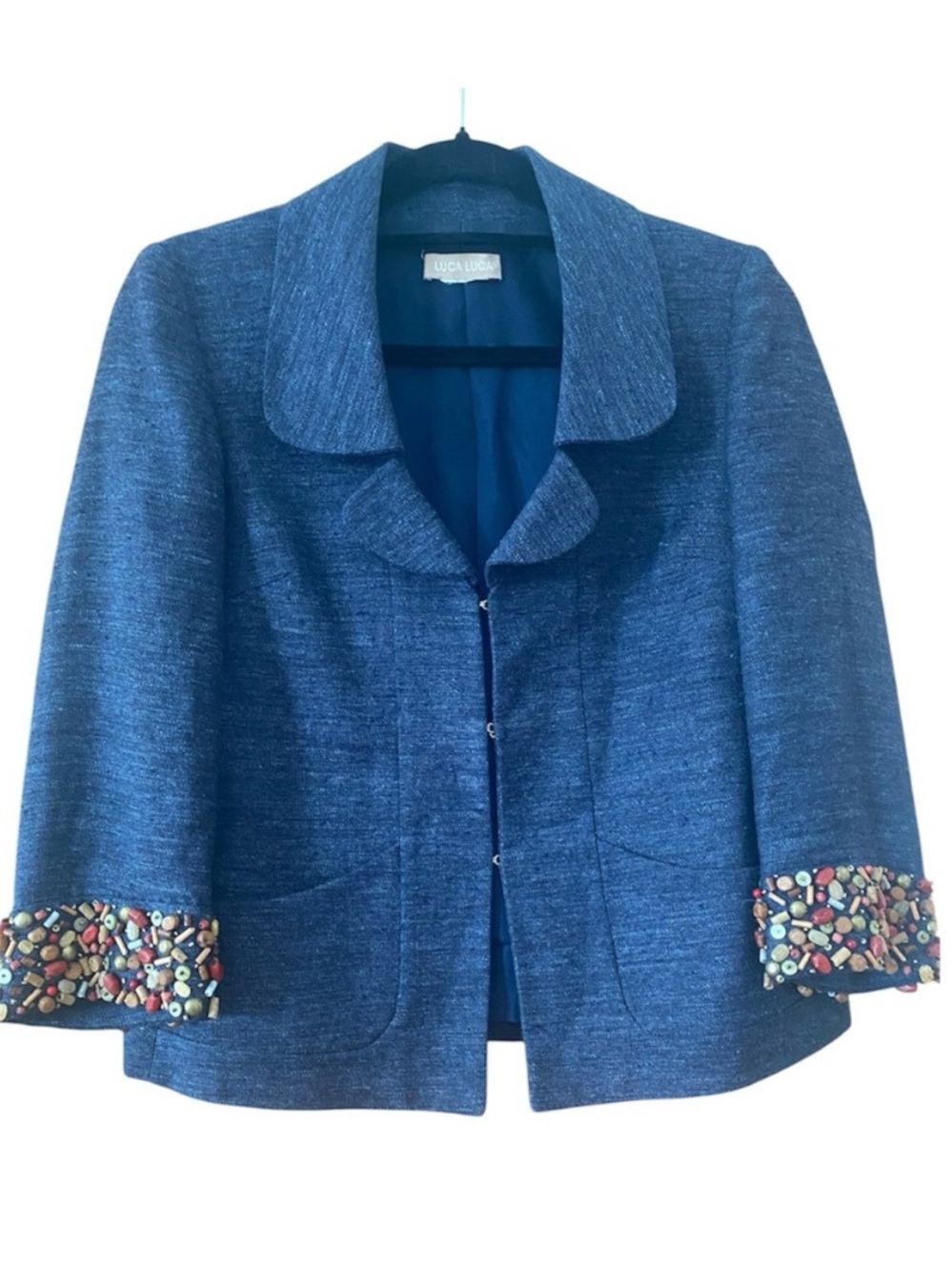 Luca Luca Blue Textured Blazer Beaded Embellished Cuffs Jacket Size S